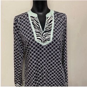 Dana Buchman Women’s Navy and White Patterned Long Sleeve  Top Blouse Size 2